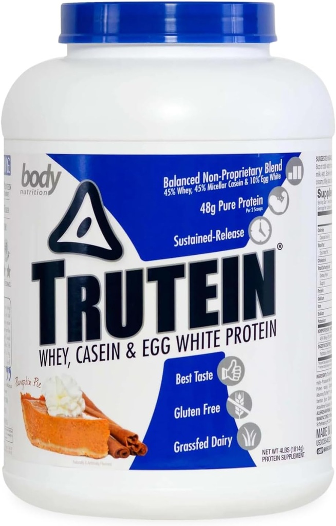 Body Nutrition Trutein High Protein Powder: 45% Whey, 45% Casein, 10% Eiweiß, Glutenfrei, Low Sodium, Gras Fed Whey Protein Powder, Gym Supplement & Breakfast Shake, Pumpkin Pie, 4lb