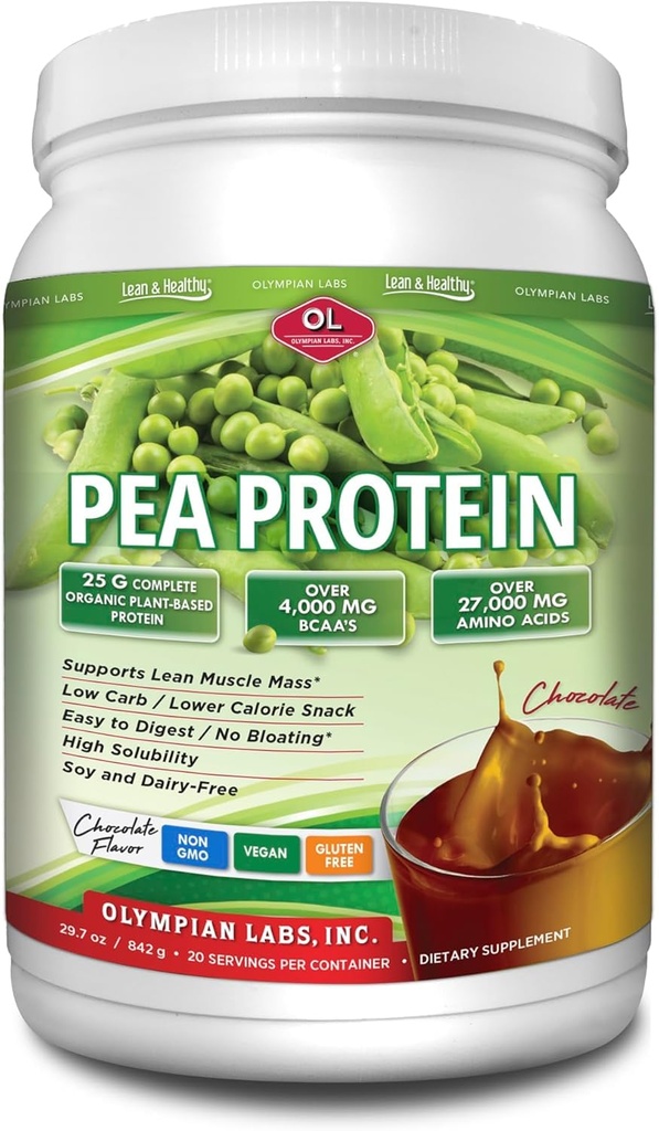 Olympian Labs Plant Based Pea Protein Powder, Schokolade - 25g Protein, Vegan, Low Net Carbs, Glutenfrei, Lactosefrei, Ohne Zucker Hinzugefügt, Sojafrei, Non-GMO, 2 Pfund Pea Protein