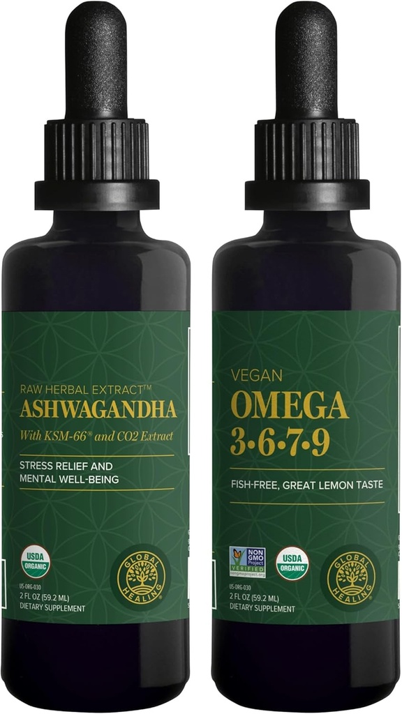 Global Healing Center Ashwagandha & Omega 3 6 7 9 Kit - Hilft mit Nervousness, Gehirngesundheit, Herzgesundheit und Augengesundheit