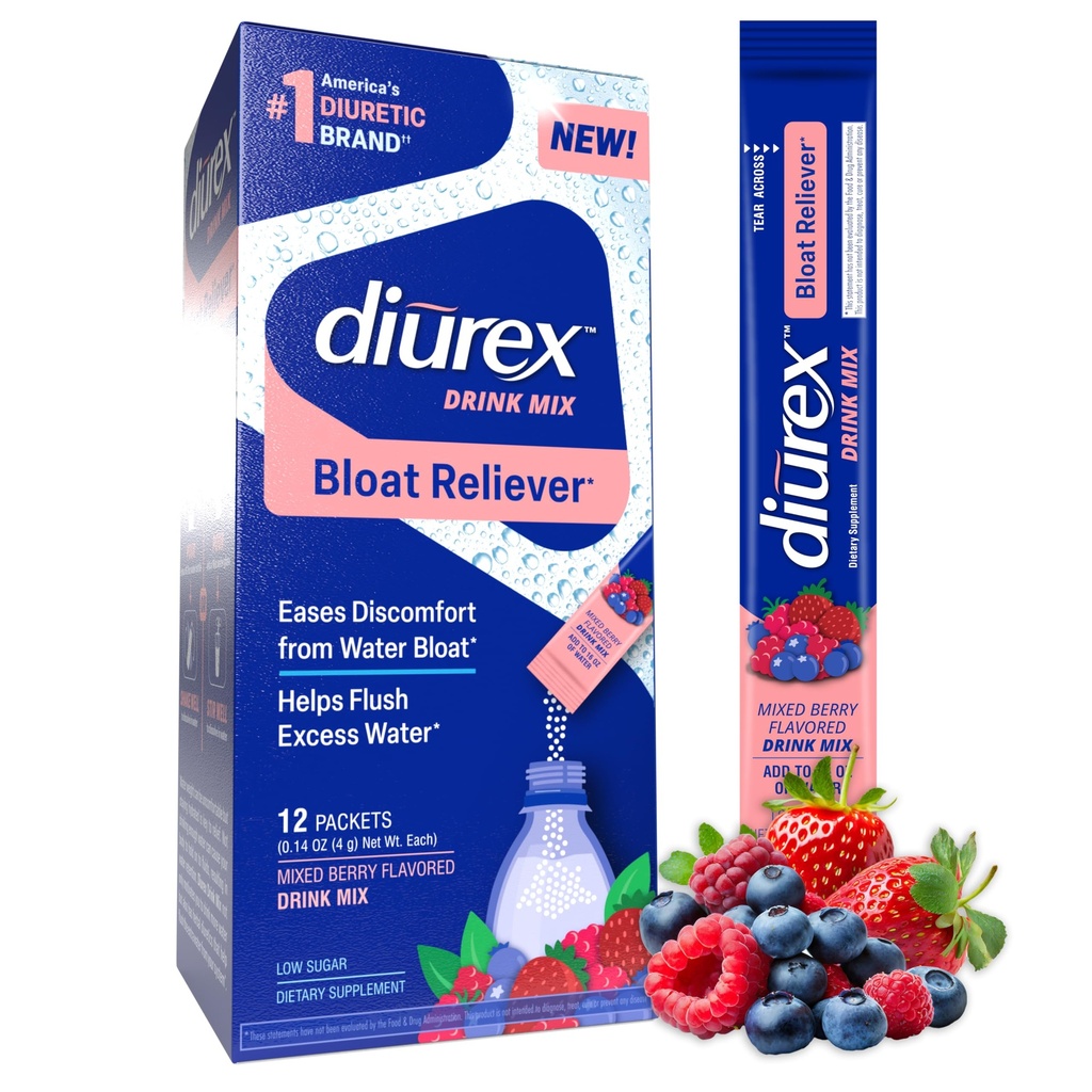 Diurex Drink Mix - Diuretic Supplement - Mixed Berry Flavor - Bloat Relief mit Diurex Proprietary Bloat-Relieving Blend - Single Serve - 12 Pack