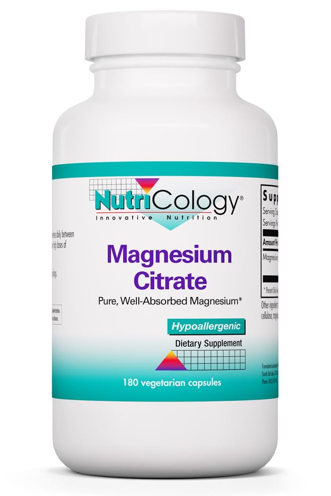 Nutricologie Magnésium Citrate Dietary Supplement - Bone & Stress Support, Bien Absorbé, Hypoallergénique, Capsules végétariennes, Sans gluten - 180 Compte