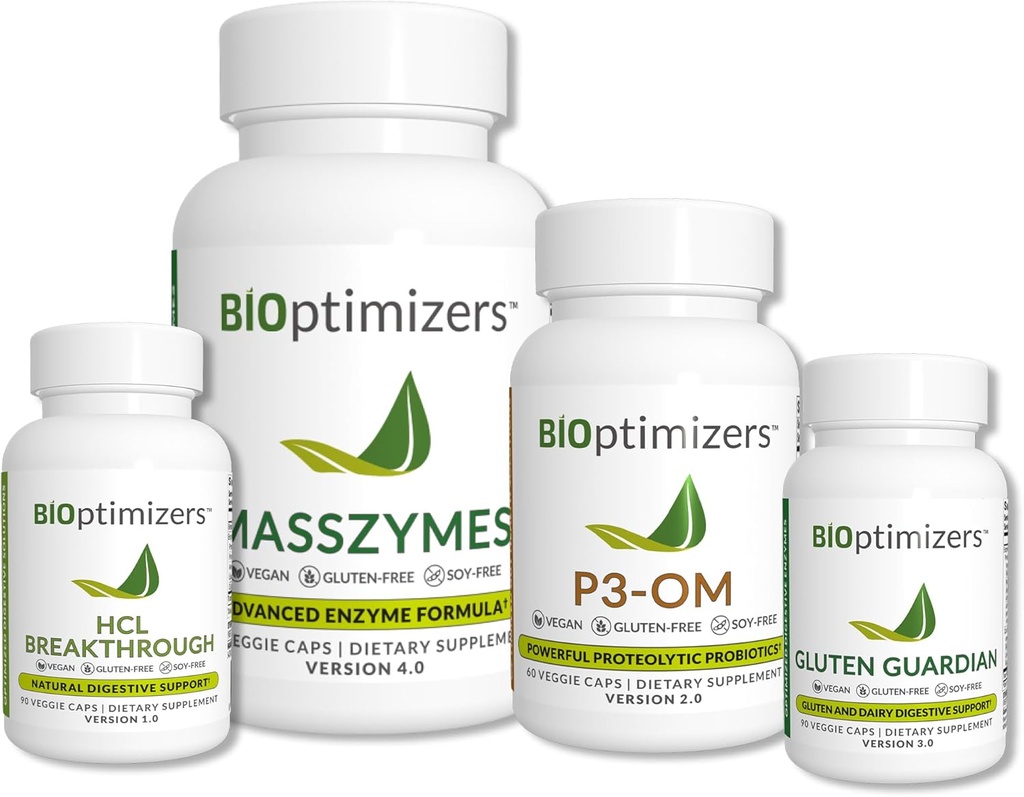 BiOptimizers - Essential Digestive Enzymes Bundle - P3-OM - Gluten Guardian - MassZymes - HCL Durchbruch - Doctor-Formuliert - 360 Kapseln
