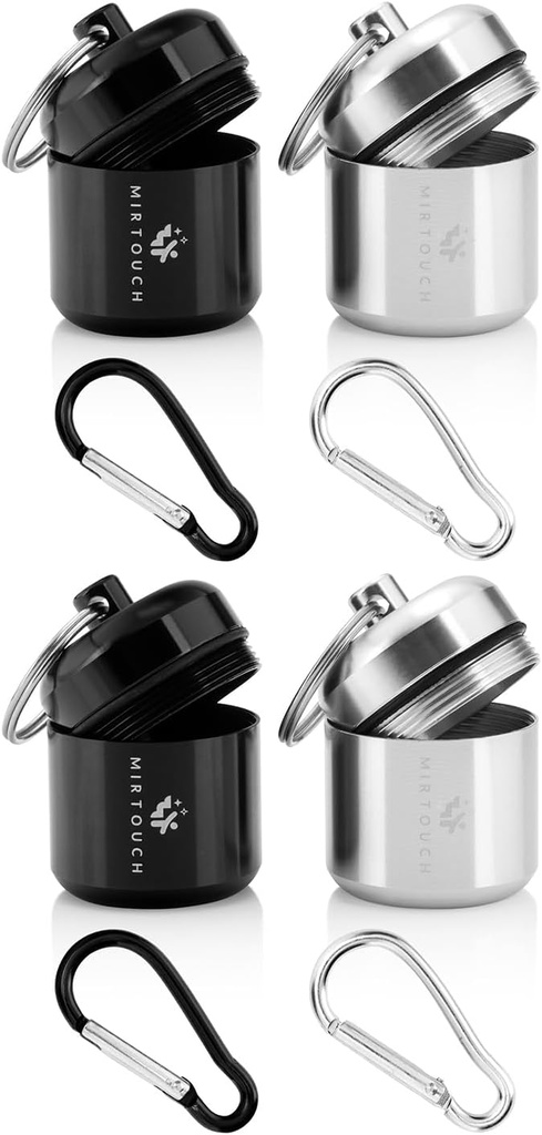 Tragbare Schlüsselanhänger Pillenhalter für runde Glucose Tablets & Critical Medicine - Diskrete wasserdichte Schlüsselanhänger Pillenträger mit starken Karabiner - Aluminiumlegierung Pille Fob Box - 4 Pack