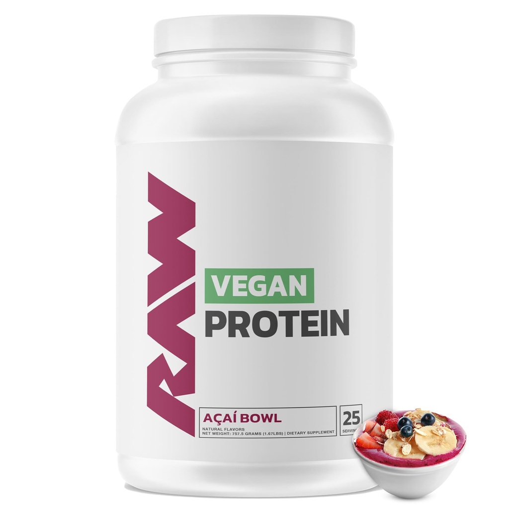 RAW Poudre de protéines végétaliennes, bol d'açai - 20g de poudre de protéines végétales et enrichie avec des vitamines pour la croissance et la récupération musculaires - faible teneur en gras, faible teneur en glucides, naturellement aromatisée et sucrée - 25 portions