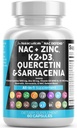 Supplément NAC N-acétyl Cysteine Vitamine D3 K2 Zinc Quercetin Sarracenia Purpurea Immune Support de la propolis de l'abeille de Basilic Saint-Aîné Bromelain L-Lysine Capsules Suppléments Pour Femmes Hommes Adultes