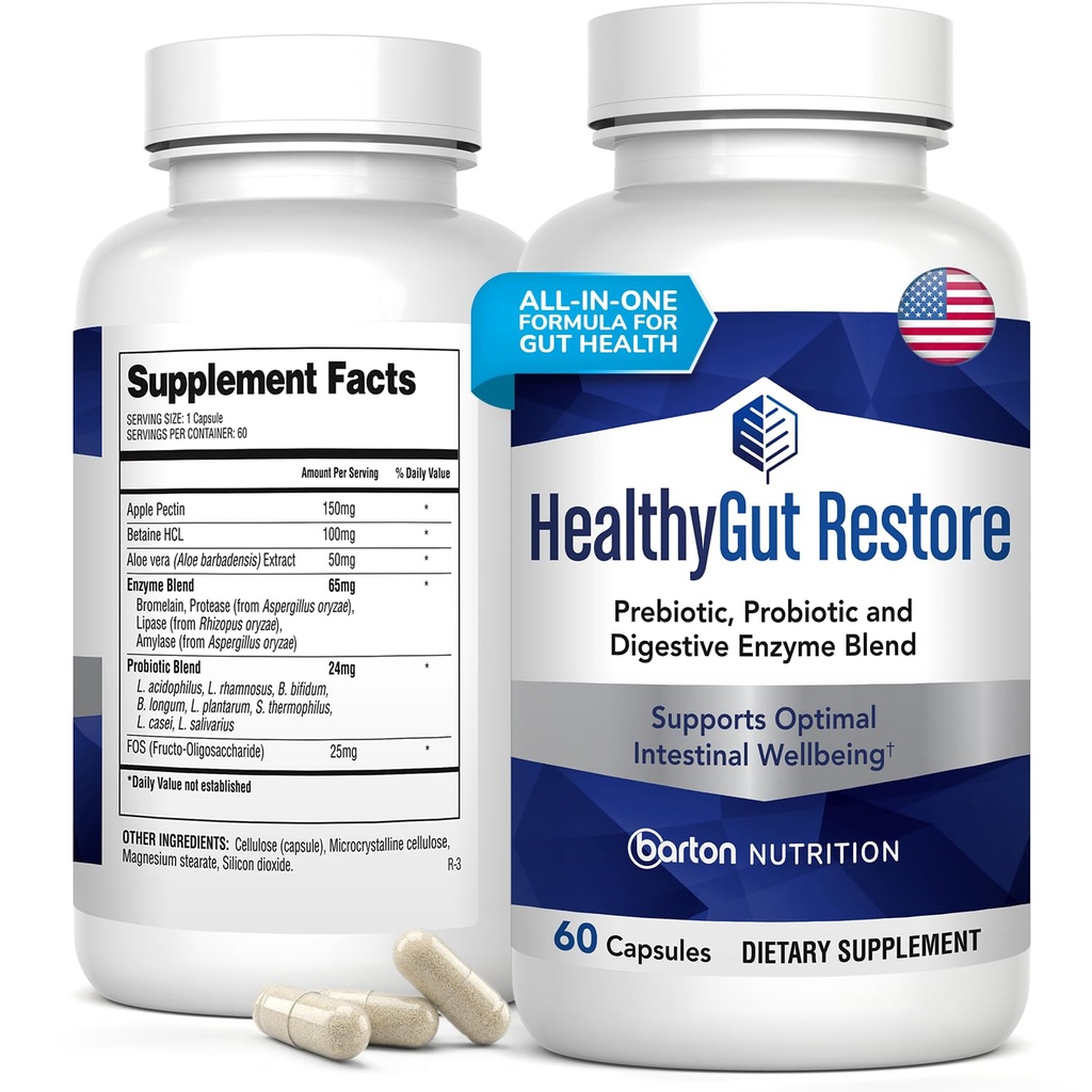 HealthyGutSupport+ - Gut Gesundheit und Immunität Unterstützung mit Präbiotika, Probiotika und Verdauungsenzymen für Verdauung und Absorption - 60 Doctor-Formulierte Stomach Health Capsules