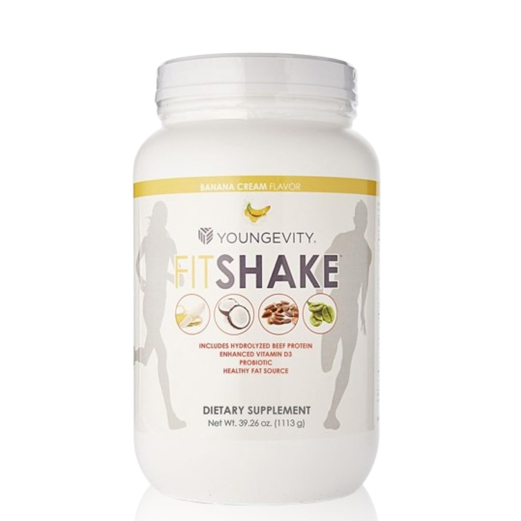 Youngevity FitShakeTM Banana Cream | 20g Gut-Friendly Protein | Elektrolyte, Mineralien, Kollagen, Gelatine, Vitamin D, Probiotika und mehr | 30 Servietten - 2.4 lbs