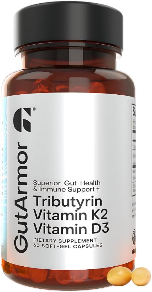 Gut & Heart Health + Immune Support (en anglais seulement) 2 mois d'approvisionnement (en anglais seulement) 60 capsules de gel doux (en anglais seulement) Pur Butyrate 350mg & Vitamine D3 2000IUs & Vitamine K2 120mcg