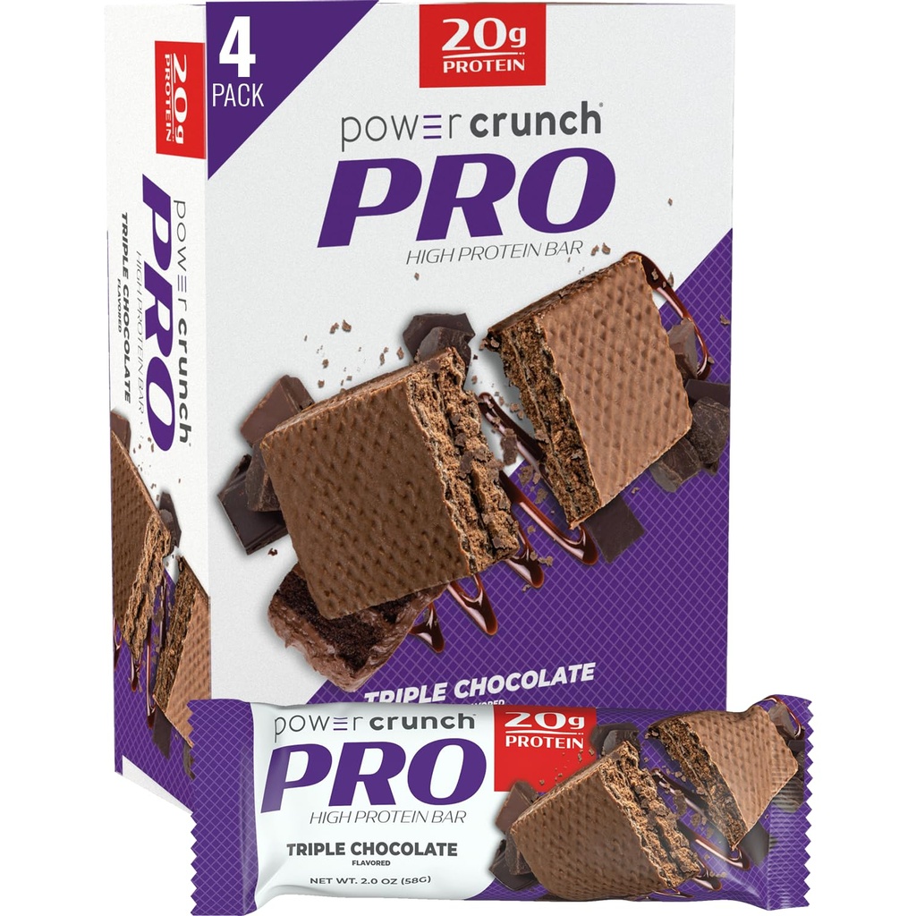 Barres de farine de protéines Power Crunch PRO, collations riches en protéines au goût délicieux, triple chocolat, 2,0 once (4 comte)