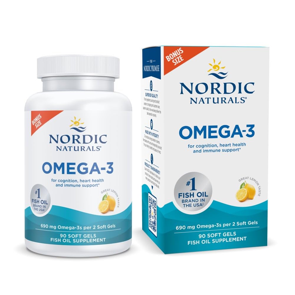 Nordic Naturals Omega-3, Saveur de citron - 90 gels souples - 690 mg Omega-3 - Huile de poisson - EPA & DHA - Soutien immunitaire, santé cérébrale et cardiaque, bien-être optimal - Non-OGM - 45 portions