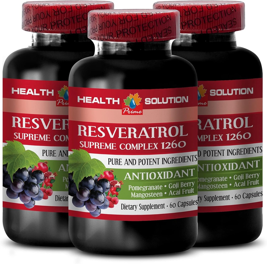 Verstärken Sie Ihre natürliche Stamina - RESVERATROL SUPREME COMPLEX - Resveratrol Extrakt mit Goji Berry, Acai, Noni, Granatapfel, Mangosteen, Superfruit Blend, Antioxidans, Immununterstützung, 3 Bot 180 Caps