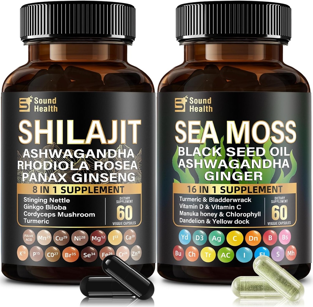 SoundHealth Irish Sea Moss & Shilajit Capsule Bundle for Men & Women,Third-Party Tested, Non-GMO​, Easy-Swallow & Vegan 120 Capsules