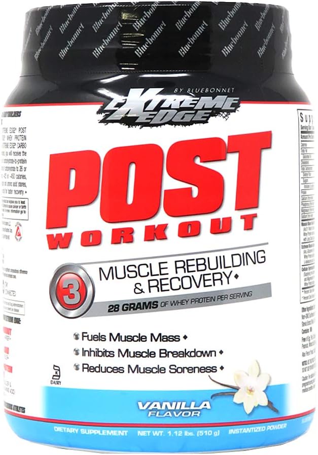 Bluebonnet Nutrition Extreme Edge Post Workout Protéines Poudre, Poules herbeuses, 28 grammes de protéines, Pas de sucre ajouté, Sans gluten, Sans soja, Laiterie casher, 1.12 lb, 12 portions, Vanilla Flavor