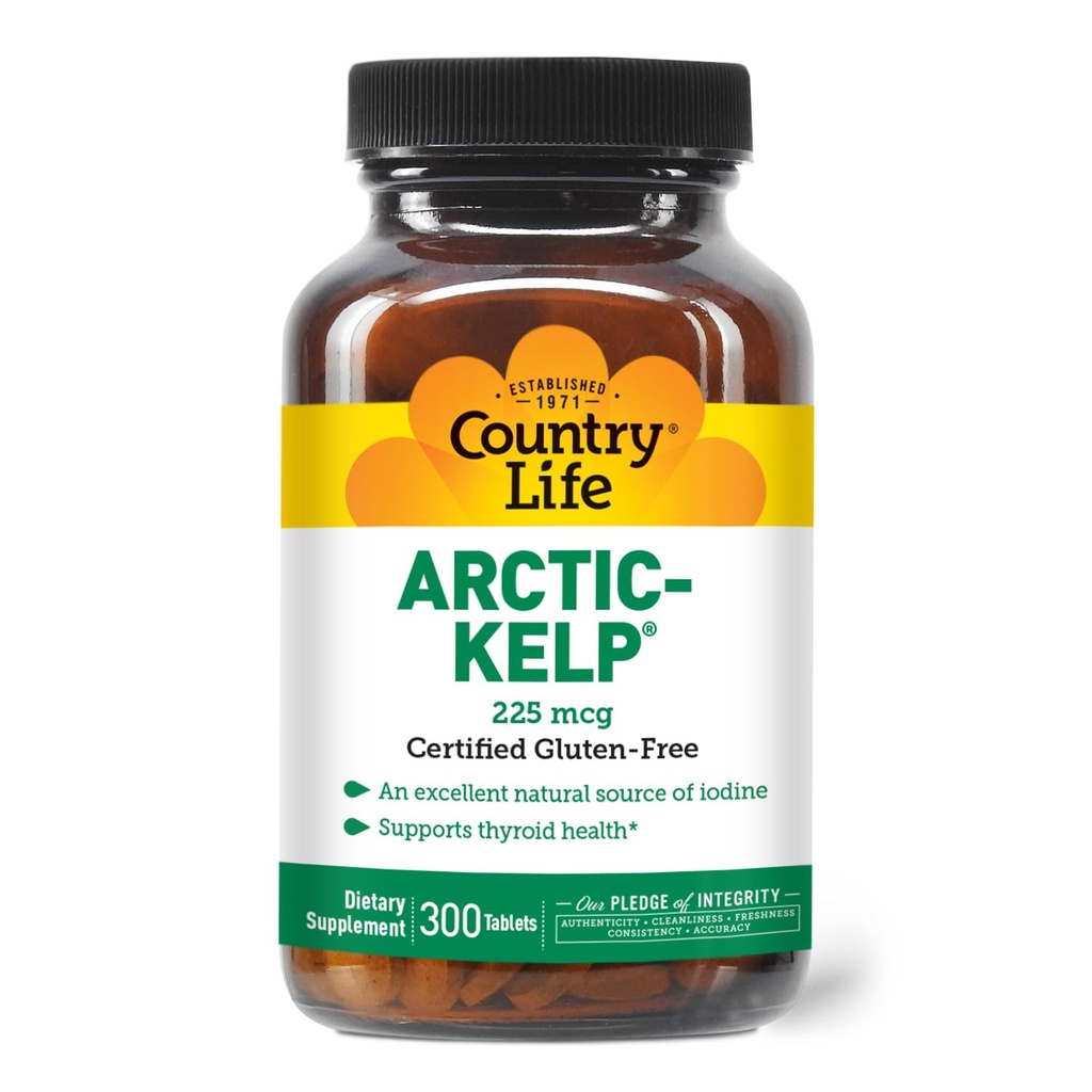 Country Life Arctic-Kelp – Supplément d'iode naturel pour le support thyroïdien et immunitaire – Vegan, sans gluten, 225 mcg – Idéal pour la santé thyroïdienne, l'hypothyroïdie et le support adrénal, 300 comprimés