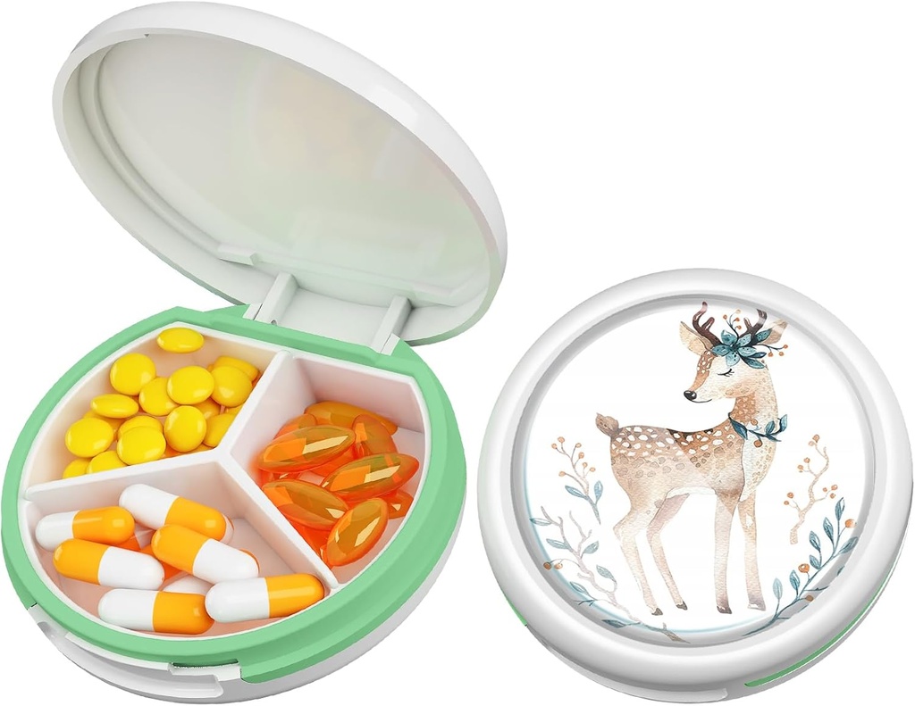 Serfeymi Petite Pill Box - 3 Compartiments Portable Pill Box pour la poche de la Purse, Compact Mini Travel Pill Case - Convient pour la médecine, la vitamine, l'huile de poisson, les suppléments - Blanc(Deer)