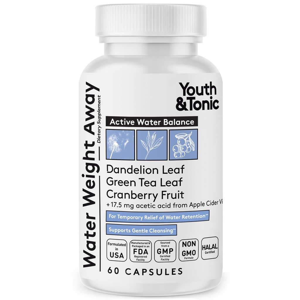 Jugend & Tonic Natürliches Wasser Gewicht Weg – Kräuterdiuretische Pillen für Bloating, Wasser Retention & Swelling Unterstützung für Frauen & Männer – 60 Caps mit Dandelion, Kalium, Grüner Tee & Apfel Apfel Apfelessig