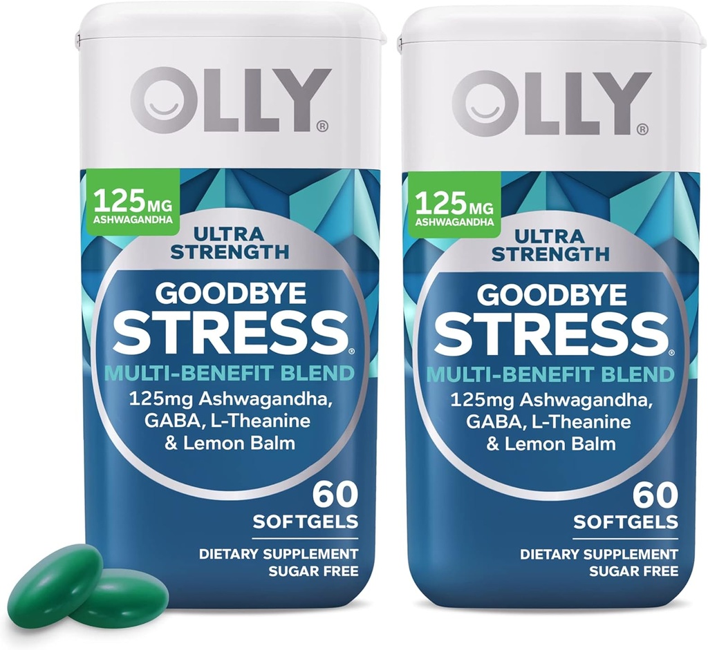 OLLY Ultra Strength Goodbye Stress Softgels Twin Pack, GABA, Ashwagandha, L-Theanine and Lemon Balm, Stress Relief Supplement - 120 Count