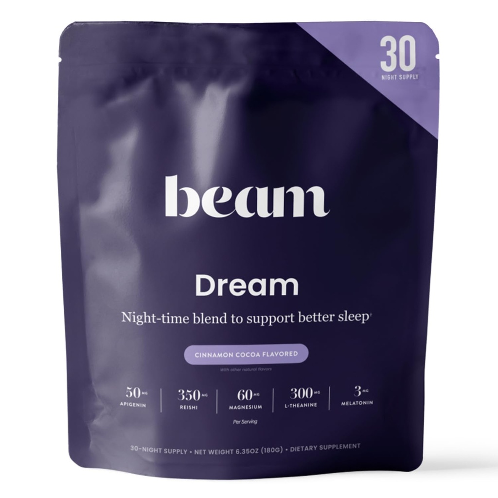 Beam Dream Sleep Powder, L-Theanine, Apigenin, Reishi et Magnésium, troisième partie testé aide au sommeil naturel et supplément de sommeil pour le sommeil profond, relaxation et récupération, soutien de sommeil naturel, 30 portions