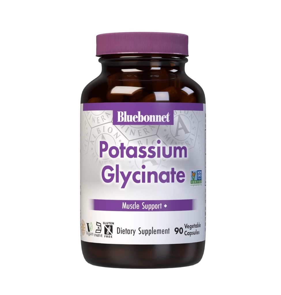 Bluebonnet Potassium Supplement 99 mg Albion Glycinat Complex - Electrolyte Balance, Muscle Strength & Recovery Mineral Support for Women & Men* - Non-OGM, végétalien, sans gluten - 90 capsules végétales