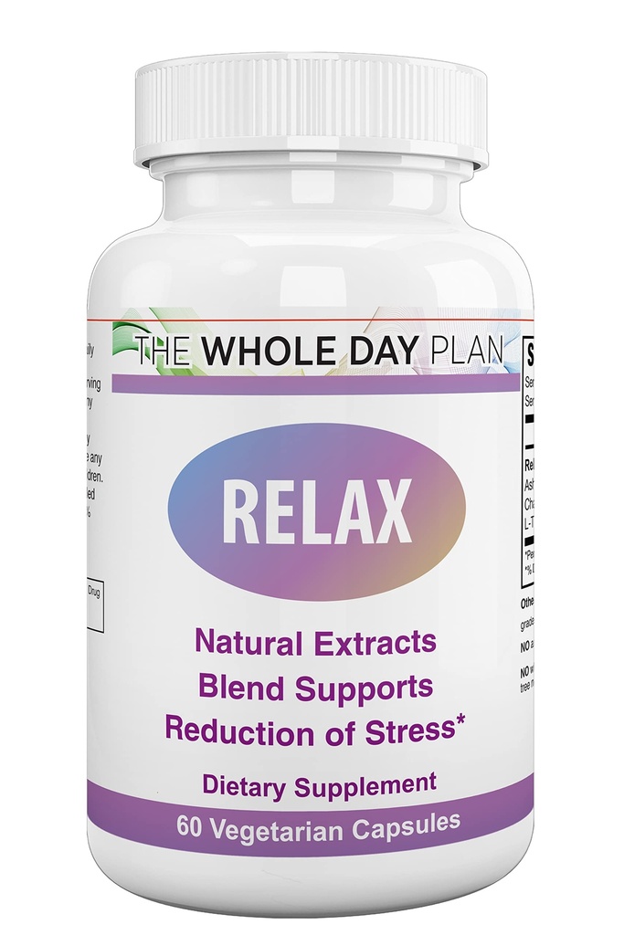 Relax - Supplément de soutien, Soulagement du stress naturel avec Ashwagandha, Camomile, L-Theanine aide Vous devez être calme, concentré et améliore mieux le sommeil, 60 capsules