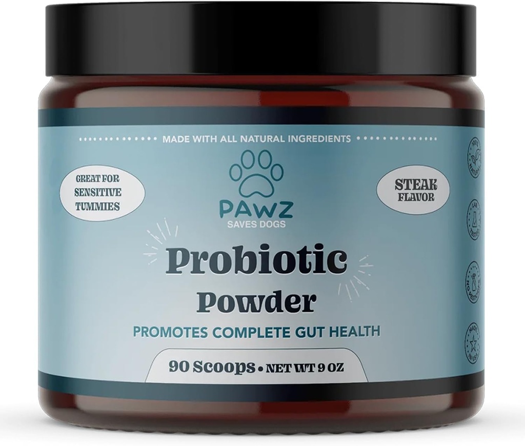PAWZ Poudre probiotique pour chiens - 90 Scoops Steak Flavor - Promotes Gut Health and Digestion - Probiotics Supplément Support Système immunitaire et santé de la peau et du manteau - Convient à tous les types de chiens