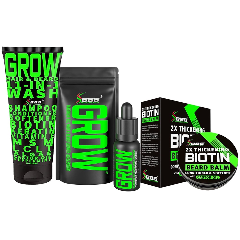 Bart Growth Kit w/ 2X Biotin Bart Balm für Herren & Mustache Wax + GROW 11-in-1 Mens Shampoo & Conditioner (Hair Growth Shampoo für Herren w/Biotin) + GROW Gesichtshaarwachstumsöl (Made in America)