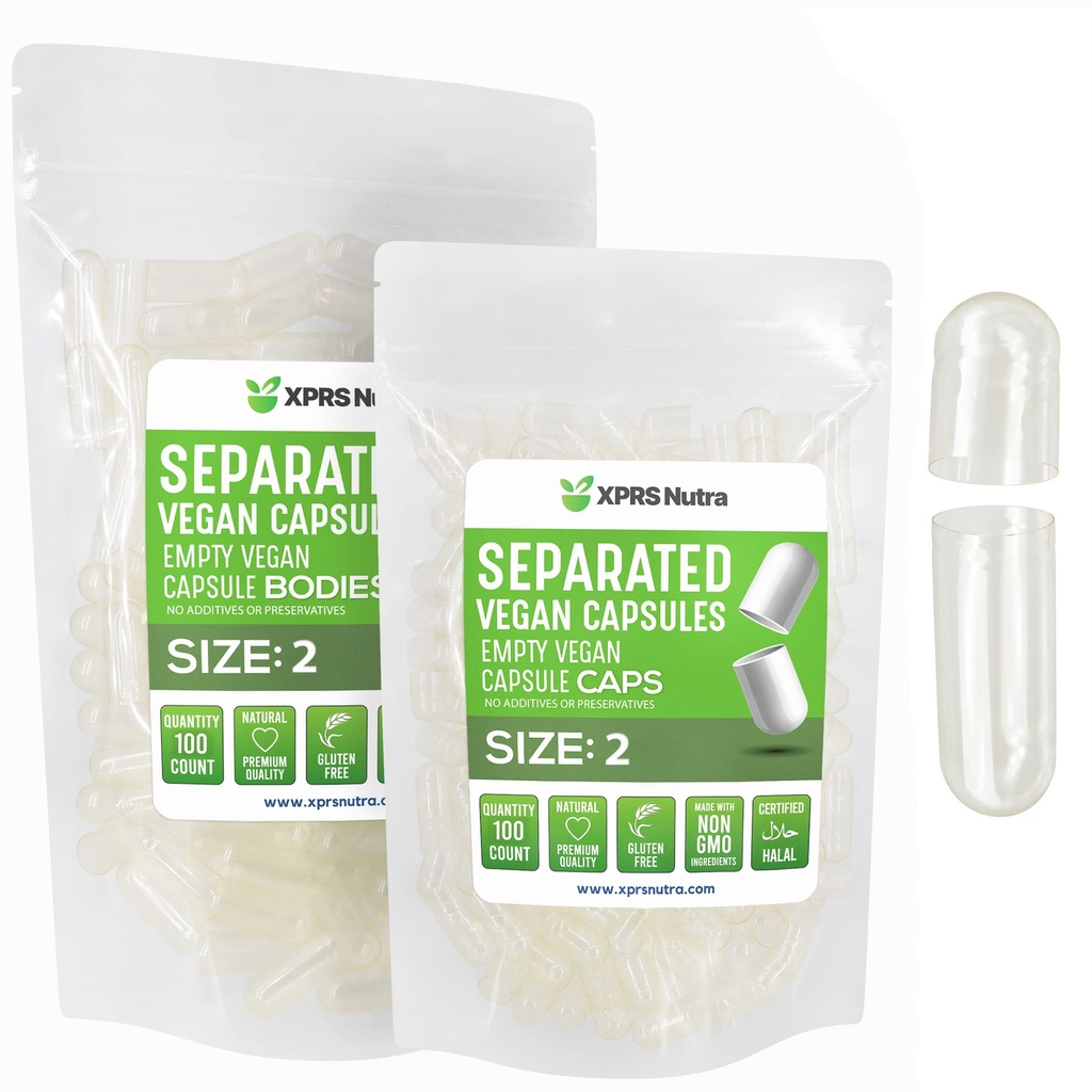 XPRS Nutra Vegan Größe 2 Getrennte Kapseln - 100 Count Premium Leere Kapseln Getrennt in Taschen - Klare leere Pillen für DIY Ergänzung Füllung