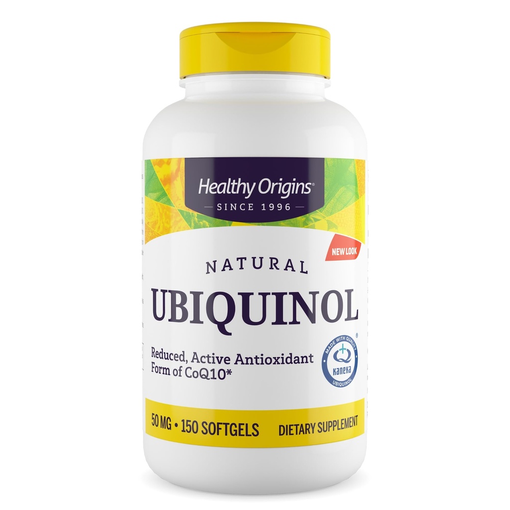 Origines saines Ubiquinol (forme active de CoQ10), 50 mg - Suppléments Ubiquinol pour la santé cardiaque et le soutien antioxydant - Supplément sans gluten et sans OGM - 150 Softgels