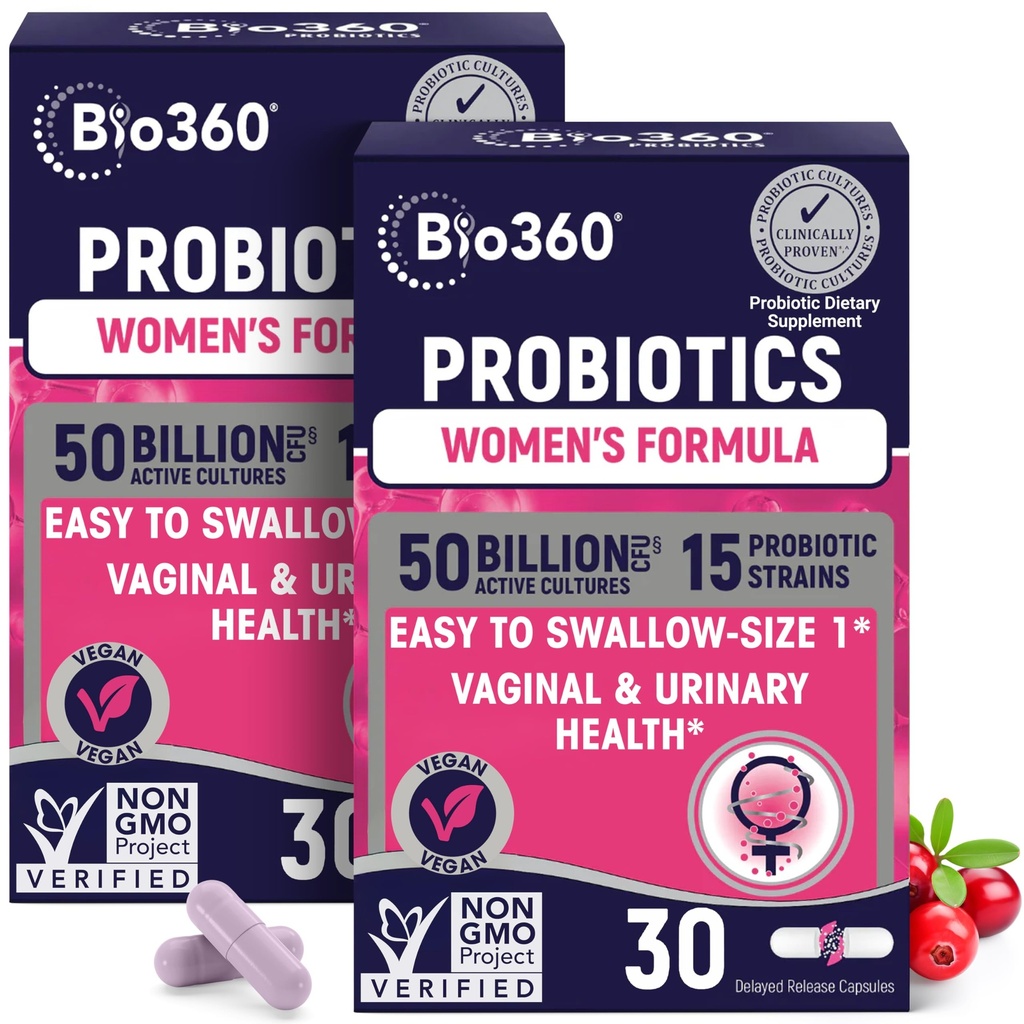 Bio360 Probiotiques pour les femmes Vaginigal Health - soutient l'équilibre du pH, la santé vaginale, urinaire et digestive - 50 milliards CFU et 15 souches uniques pour la santé de l'odeur vaginale et la flore vaginale - Étagère stable