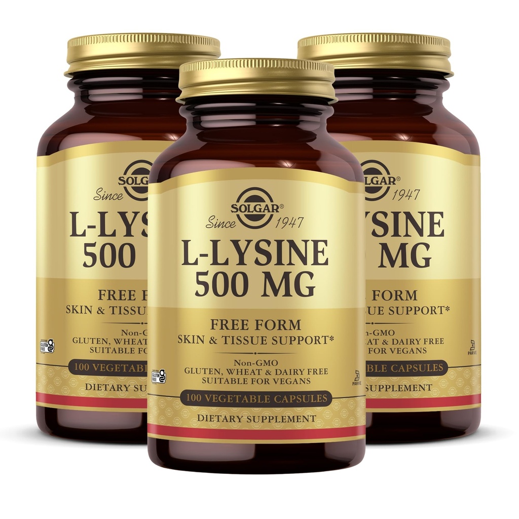 Solgar L-Lysine 500 mg - 100 Gemüsekapseln, Packung mit 3 - Haut- & Tissue-Unterstützung - Non-GMO, Vegan, Kosher, Glutenfrei - 300 Gesamt Servietten