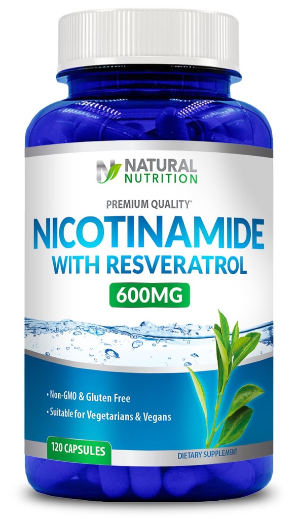 Generisches natürliches Vitamin Nicotinamid mit Resveratrol 600mg (Vitamin B-3) 120 Veggie Kapseln Glutenfrei & Non-GMO