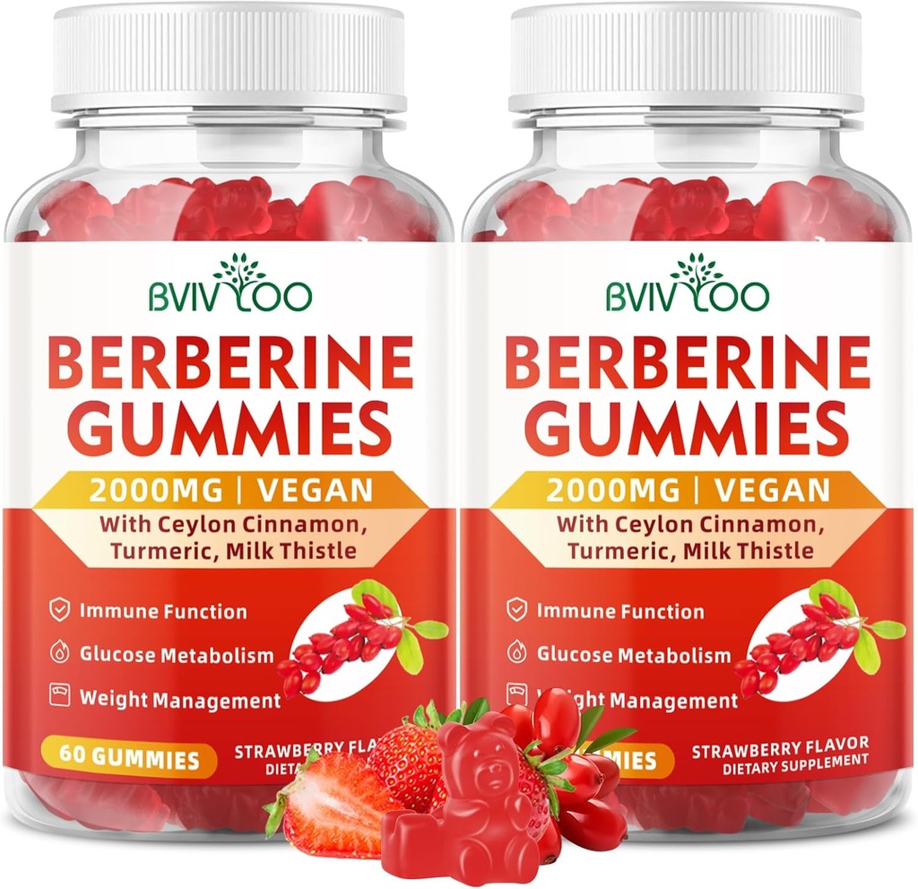 2 Packs Berberine Gummies,Sugar Free 2000mg High Potency Berberine HCI Supplement, Plus Ceylon Cinnamon, Milchdistel für Damen und Herren, Immunsystem & Stoffwechselunterstützung - 120 Gummis