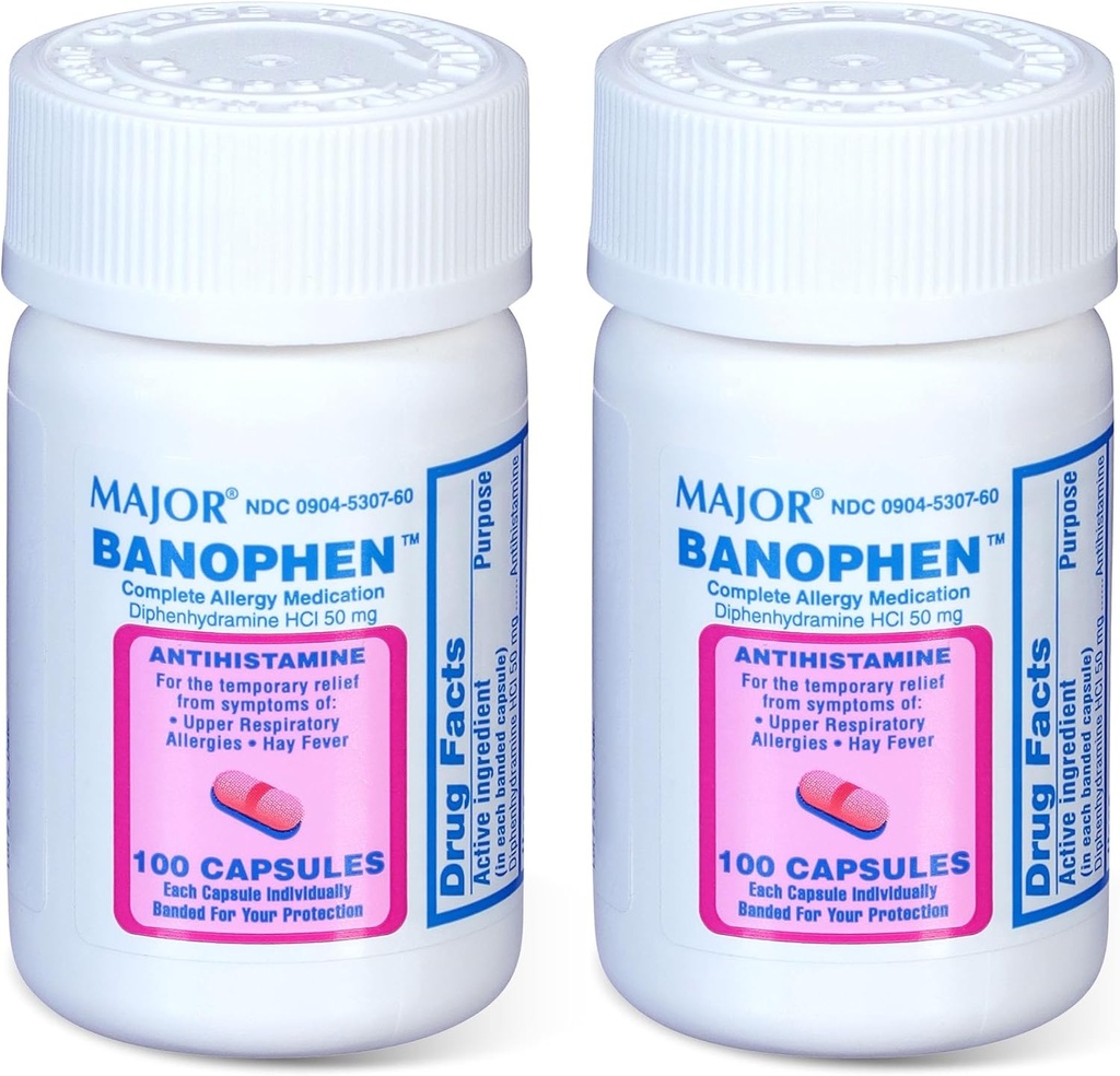 MAJOR Banohpen - Komplette Allergiemedikation - Diphenhydramin HCI 50 mg - Antihistamin - 100 Kapseln (2 Packung)