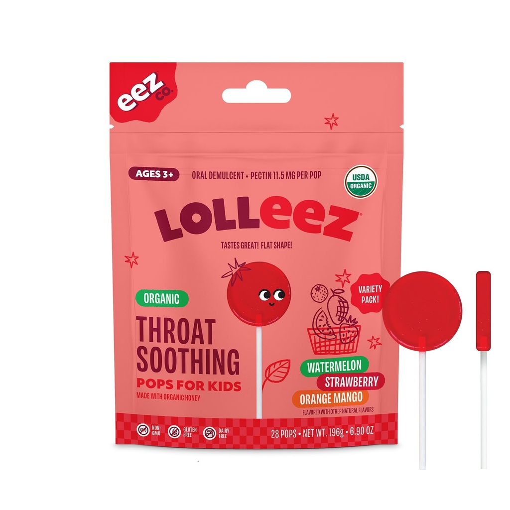 Lolleez Organic Lollipops für Kinder Sore Throat Relief, Variety Pack perfekt für beruhigend ein Sore Throat während Verkostung Great, Strawberry, Watermelon & Orange Mango, 28 Count