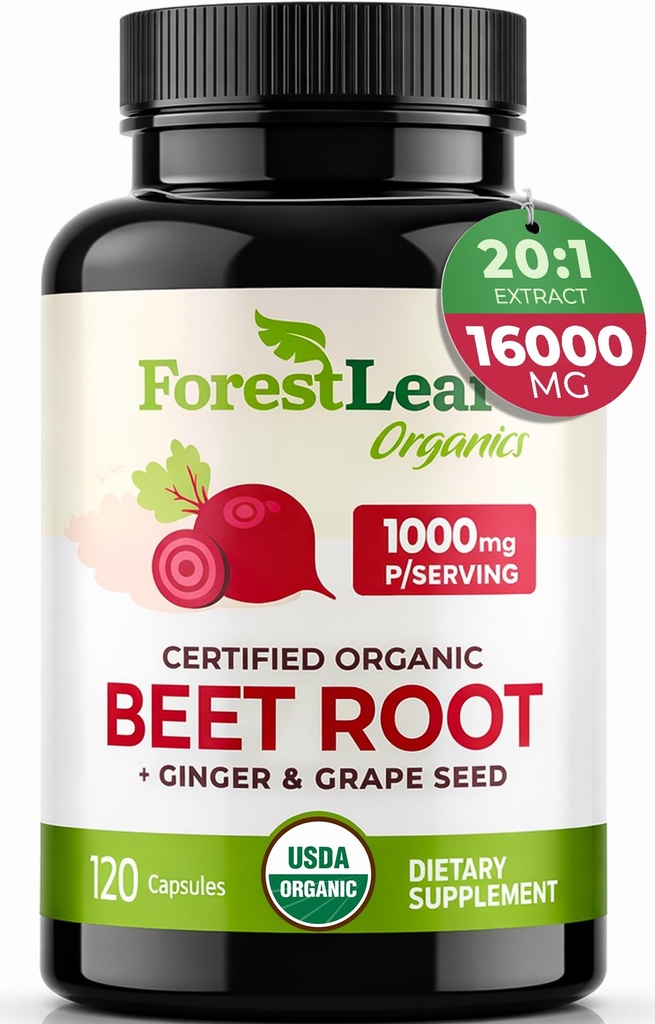 ForestLeaf Capsules de racines de betteraves biologiques - Supplément de betteraves 16000mg Résistance 20:1 Pilules d'extrait avec/grain de gingembre.