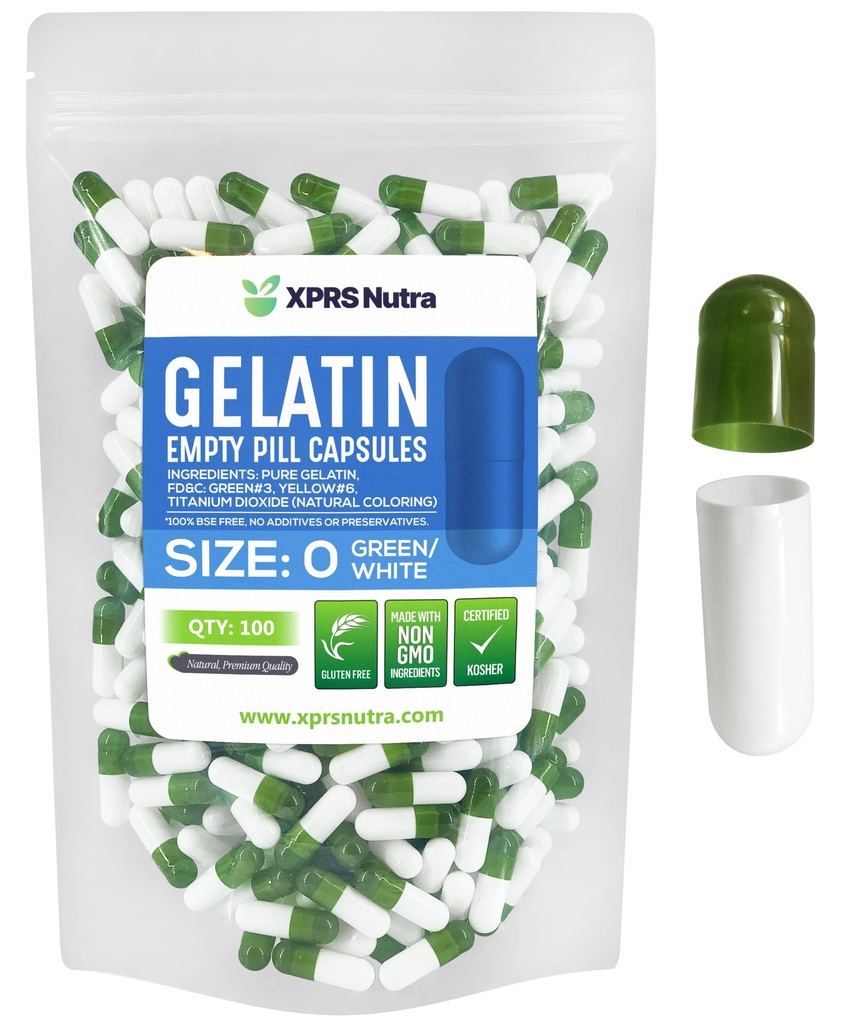 XPRS Nutra Größe 0 Leere Kapseln - 100 Graf Leere Gelatine Kapseln - Pillen DIY Kapsel Füllung - Pure Bovine Pill Gel Kapseln für Do-It-Yourself Ergänzungen (Green/White)