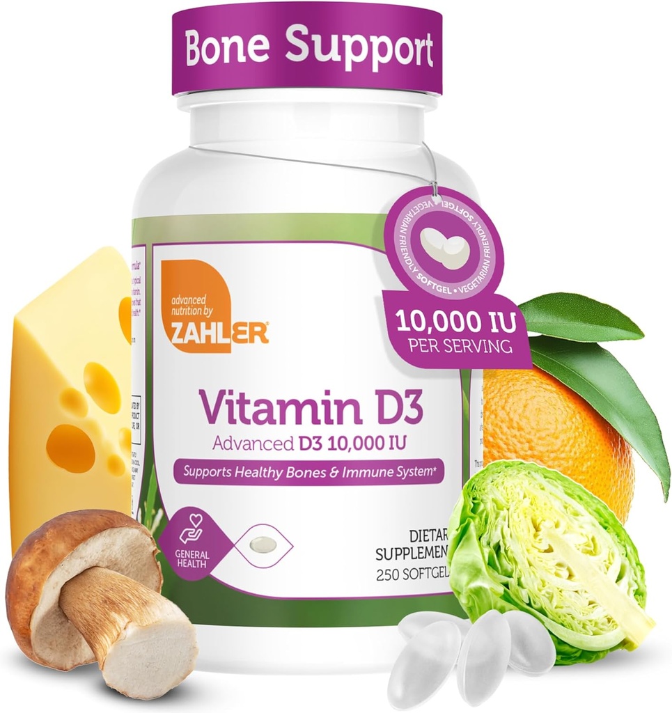Zahler - Vitamine avancée D3 10,000 UI Softgels (250 comte) Kosher Végétarien Végétarien Vitamine D pour le soutien immunitaire, os, dents et santé musculaire - Easy Swallow VIT D 3