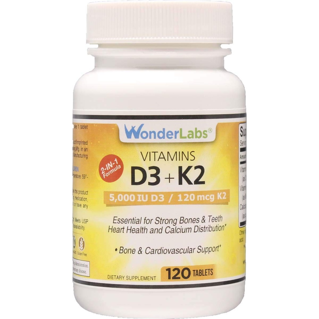 Wonder Laboratories Vitamin D 5.000 IU, Vitamin D3 + K2 Unterstützt ein gesundes Immunsystem, essentiell für starke Knochen, Herzgesundheit und Calciumverteilung, 120 Tabletten