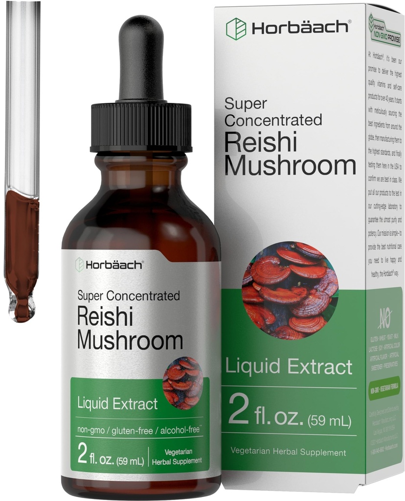 Horbäach Reishi Pilzextrakt Tinktur | 2 Fl Oz | Flüssigkeitstropfen | Ganoderma Lucidum | Vegetarisch, Alkoholfrei | Non-GMO, Glutenfreie Ergänzung