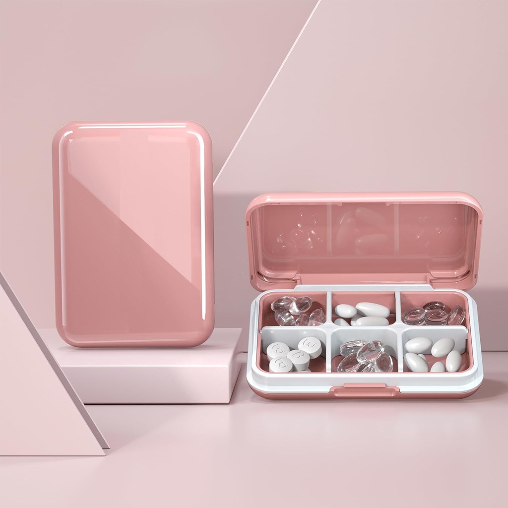 Pill Box Waterproof Travel Pill Case Portable Daily Pill Container Pill Holder Purse 6 Compartiments Pocket Compact Medicine Organizer for Vitamine,Pish Oils,Supplements,Medification (Grande Rose)