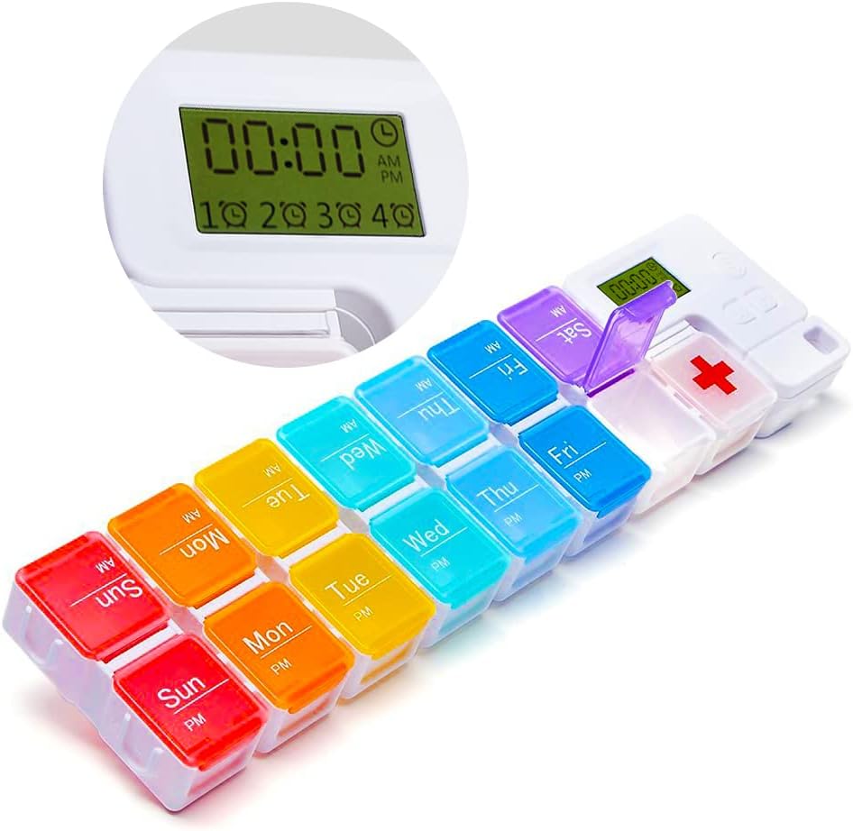 7 Tage Medizin Pill Organizer, 4 Reminder Alarme, Lauter Sound, 14 große Komponenten, Großer Bildschirm, Feuchtigkeits-Proof, Reise Weekly/Daily Pill Box/Organizer/Case/Container/Dispenser, AM/PM 2 Mal pro Tag
