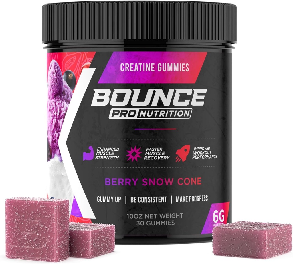 Bounce Pro Creatine Monohydrate Gummie für Männer und Frauen, Low Calorie, 6G Kreatin pro Servierung, Vegan, Anti-Melting, Glutenfrei, Non-GMO, 2g Kreatin pro Gummy (30ct, Berry Snow Cone)
