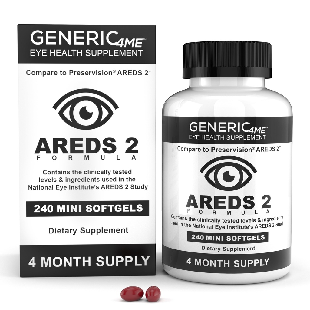 AREDS 2 SoftGels, 500 mg de vitamine C, 400 UI de vitamine E, 10 mg de lutéine, 2 mg de zéaxanthine, 80 mg de zinc, 2 mg de cuivre - soutient la santé des yeux - 240 Mini SoftGels (approvisionnement de quatre mois)