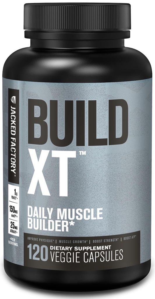 Jacked Factory Build-XT Daily Muscle Builder & Performance Enhancer - Muscle Building Supplement for Muscular Strength & Growth | Trademarked Ingredients Peak02, ElevATP, & Astragin - 120 Veggie Pills