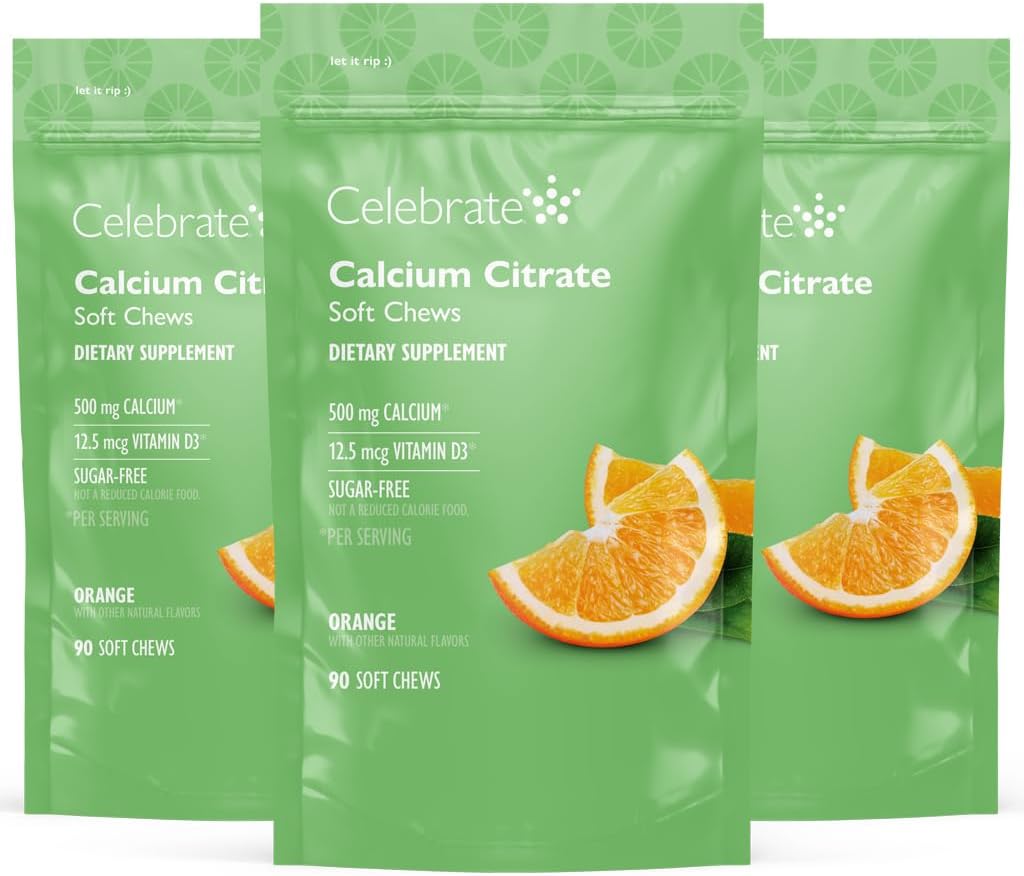 Celebrate Vitamine Bariatric 500mg Calcium Citrate Weichkäse mit 500 IU Vitamin D3 – essentiell für Magen-Bypass-Patienten & Knochengesundheit - Zucker & Glutenfrei, Orange (270 Chews)