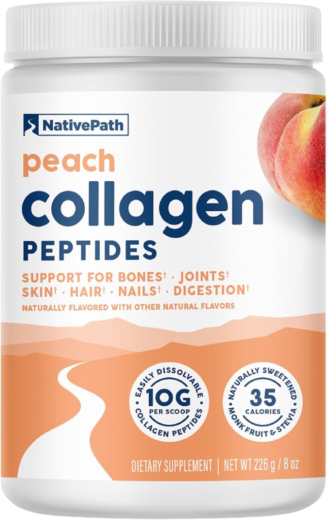 NativePath Collagen Peptides - Collagène hydrolysé de type 1 et 3. Poudre de protéines pour cheveux, peau, ongles, os, articulations, digestion et plus - Pas de gluten ou de lait (Peach, 226g)