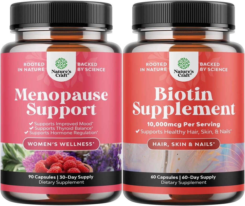Ensemble complet de complément à base de plantes ménopause pour les sueurs de nuit et l'humeur avec Dong Quai Vitex Chaste Berry & Black Cohosh et Pure Biotin Pills pour la croissance des cheveux brillants épais - Obtenez la peau claire ongles forts