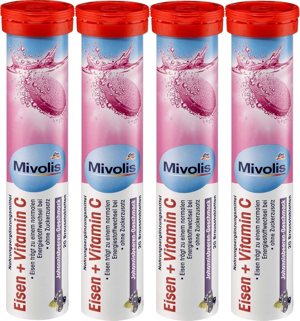 Mivolis Eisen + Vitamin C Brausetabletten - Nahrungsergänzungsmittel 4 Packungen x 20 Stück | Deutschland