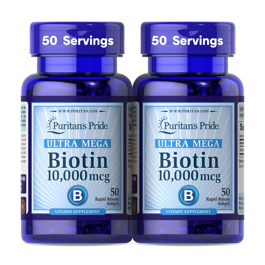 Puritan's Pride Premium Ultra Mega Biotin 10.000mcg, Nahrungsergänzungsmittel für gesundes Haar, Haut, Nägel und Energie Metabolismus-Unterstützung, 100 Tage Versorgung, 50 Rapid Release Softgels, 2 Pack