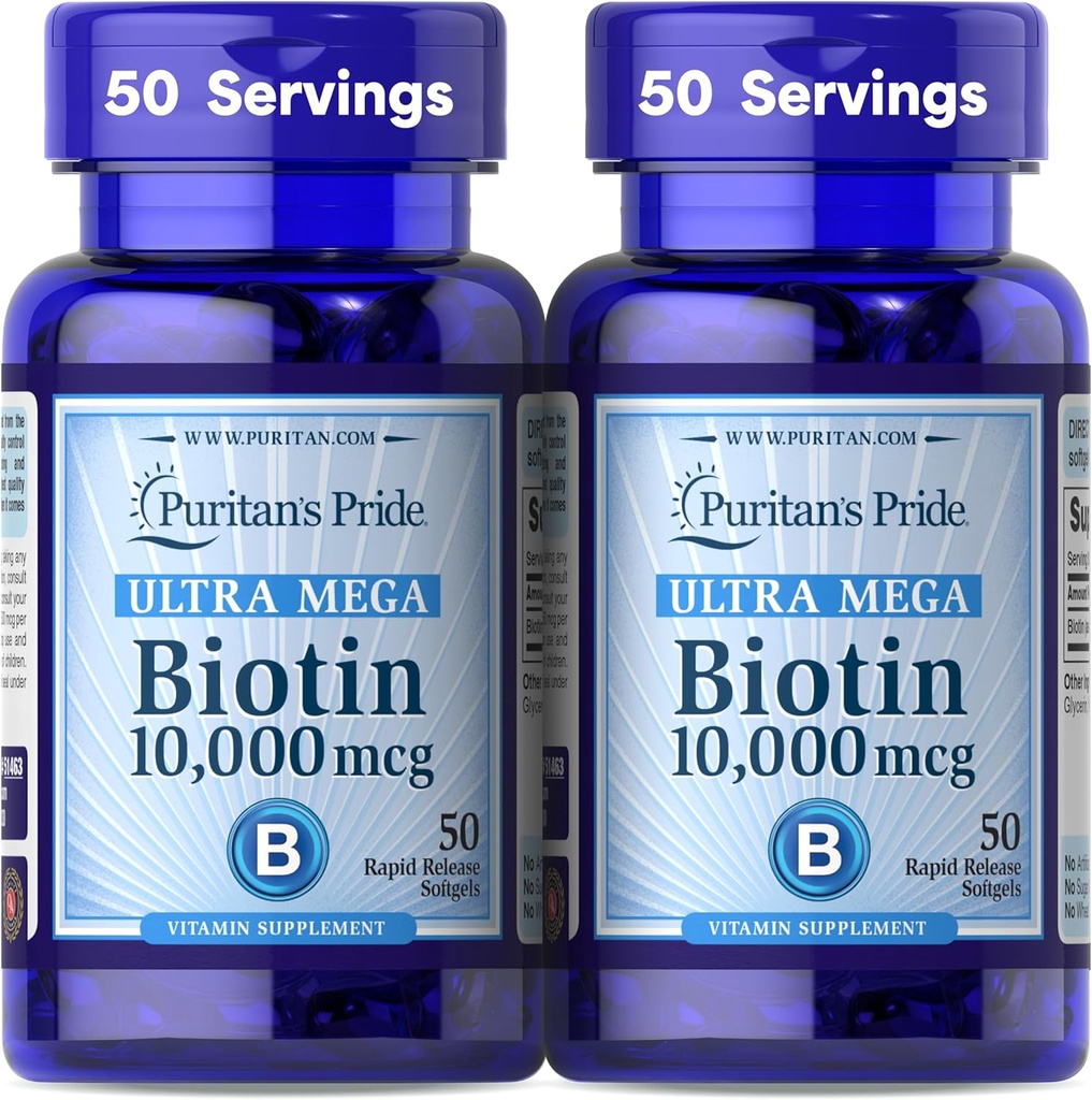 Puritan's Pride Premium Ultra Mega Biotin 10.000mcg, Nahrungsergänzungsmittel für gesundes Haar, Haut, Nägel und Energie Metabolismus-Unterstützung, 100 Tage Versorgung, 50 Rapid Release Softgels, 2 Pack